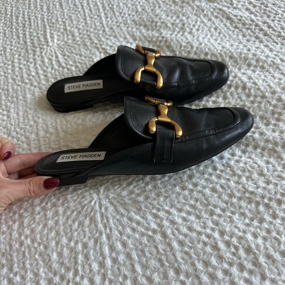 Steve Madden Black Leather Mules with Gold Detail - Picture 3 of 7